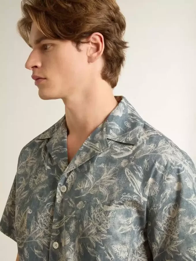 Camisa de popelín de manga corta estilo pijama para hombre con estampado marino azul y blanco Camisa de popelín de manga corta estilo pijama para hombre con estampado marino azul y blanco