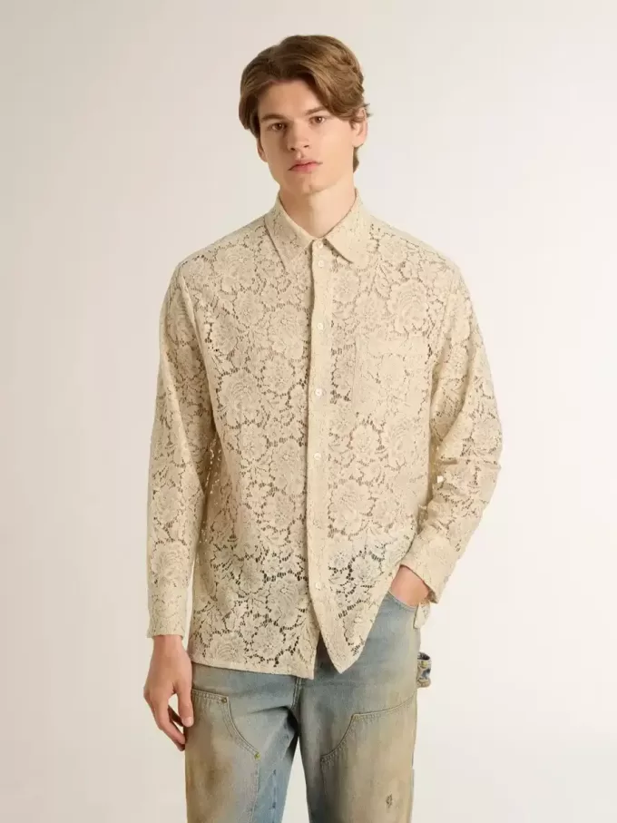 Camisa oversize de encaje transparente color crema Camisa oversize de encaje transparente color crema