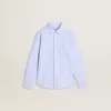 Camisa para niño de algodón a rayas azul claro y blanco con logotipo bordado Camisa para niño de algodón a rayas azul claro y blanco con logotipo bordado