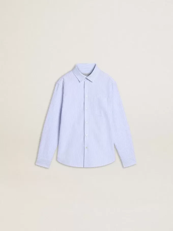 Camisa para niño de algodón a rayas azul claro y blanco con logotipo bordado Camisa para niño de algodón a rayas azul claro y blanco con logotipo bordado