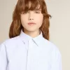 Camisa para niño de algodón a rayas azul claro y blanco con logotipo bordado Camisa para niño de algodón a rayas azul claro y blanco con logotipo bordado