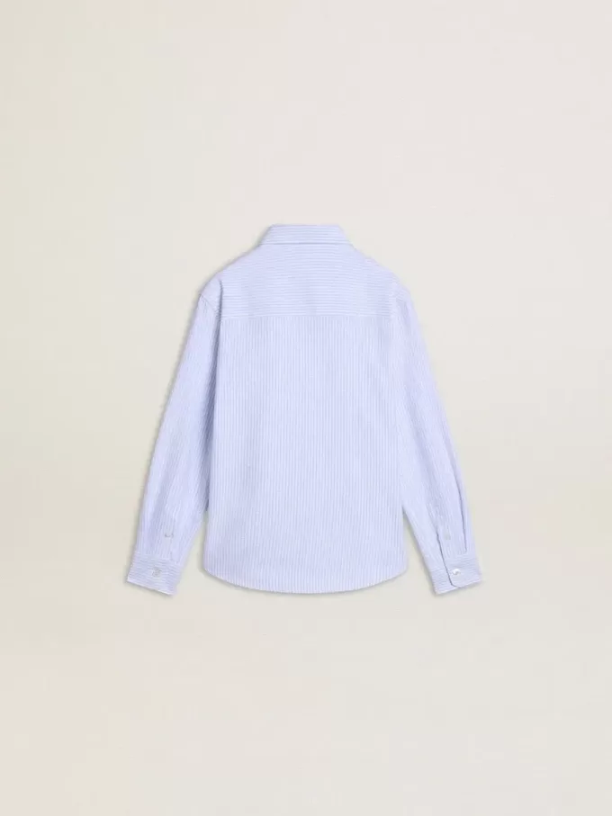 Camisa para niño de algodón a rayas azul claro y blanco con logotipo bordado Camisa para niño de algodón a rayas azul claro y blanco con logotipo bordado