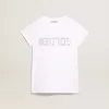 Camiseta blanca con letras doradas en cristales en el centro Camiseta blanca con letras doradas en cristales en el centro