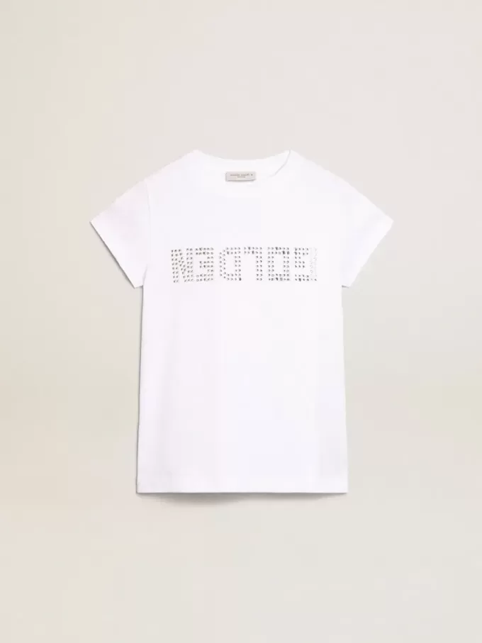 Camiseta blanca con letras doradas en cristales en el centro Camiseta blanca con letras doradas en cristales en el centro