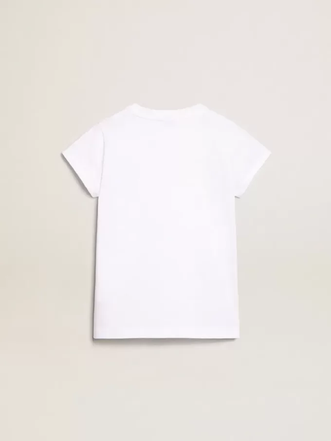 Camiseta blanca con letras doradas en cristales en el centro Camiseta blanca con letras doradas en cristales en el centro