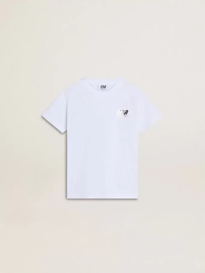 Camiseta blanca de algodón para niños con estampado plateado