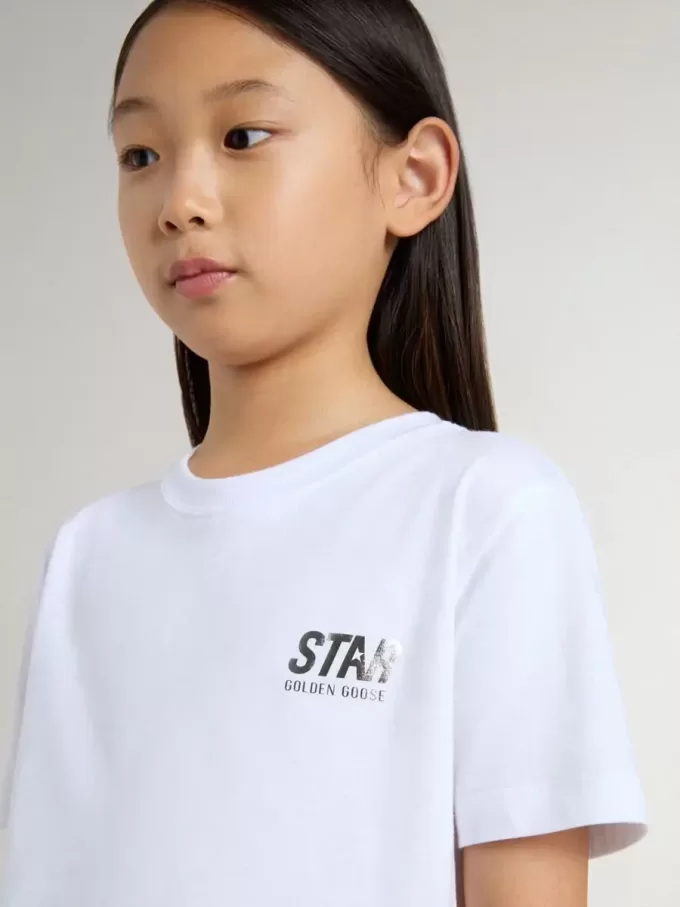 Camiseta blanca de algodón para niños con estampado plateado