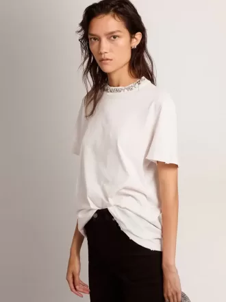 Camiseta blanca para mujer con cristales cabujones