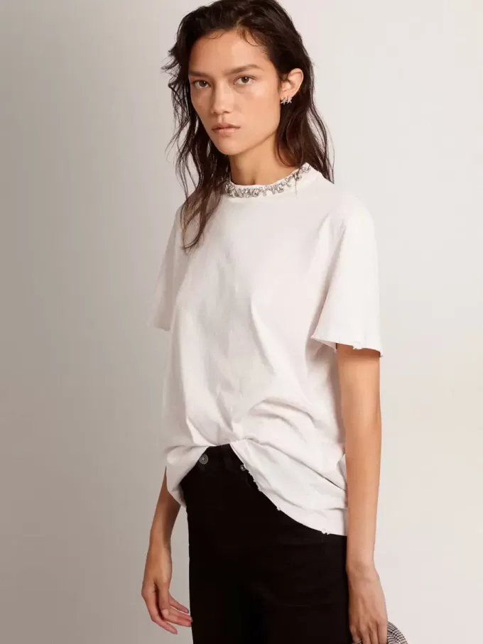 Camiseta blanca para mujer con cristales cabujones Camiseta blanca para mujer con cristales cabujones