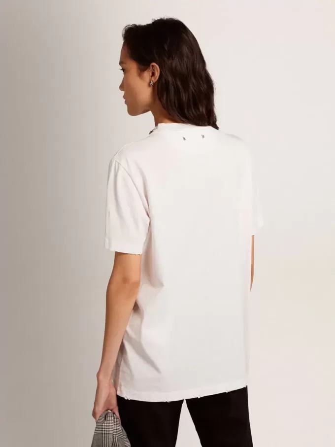 Camiseta blanca para mujer con cristales cabujones Camiseta blanca para mujer con cristales cabujones