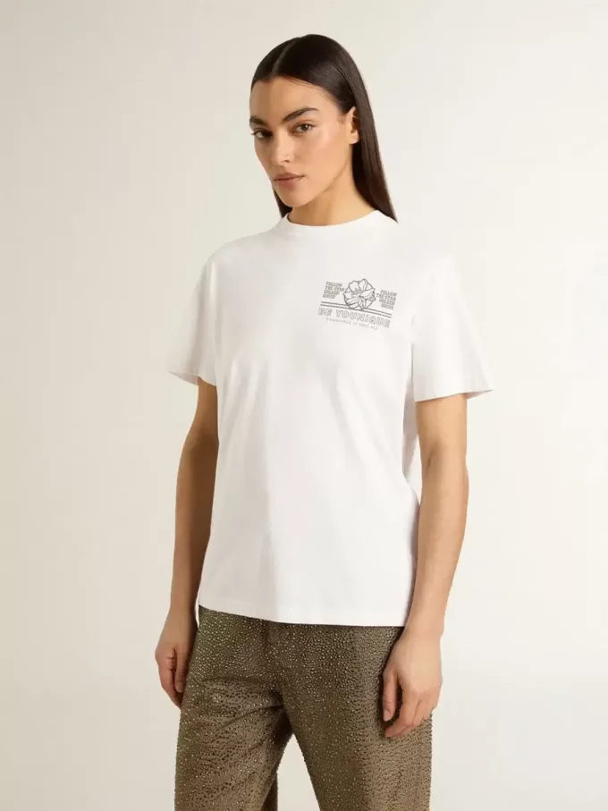 Camiseta blanca para mujer con estampado negro en el pecho Camiseta blanca para mujer con estampado negro en el pecho