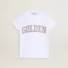 Camiseta blanca para niña con letras doradas y purpurina rosa. Camiseta blanca para niña con letras doradas y purpurina rosa.