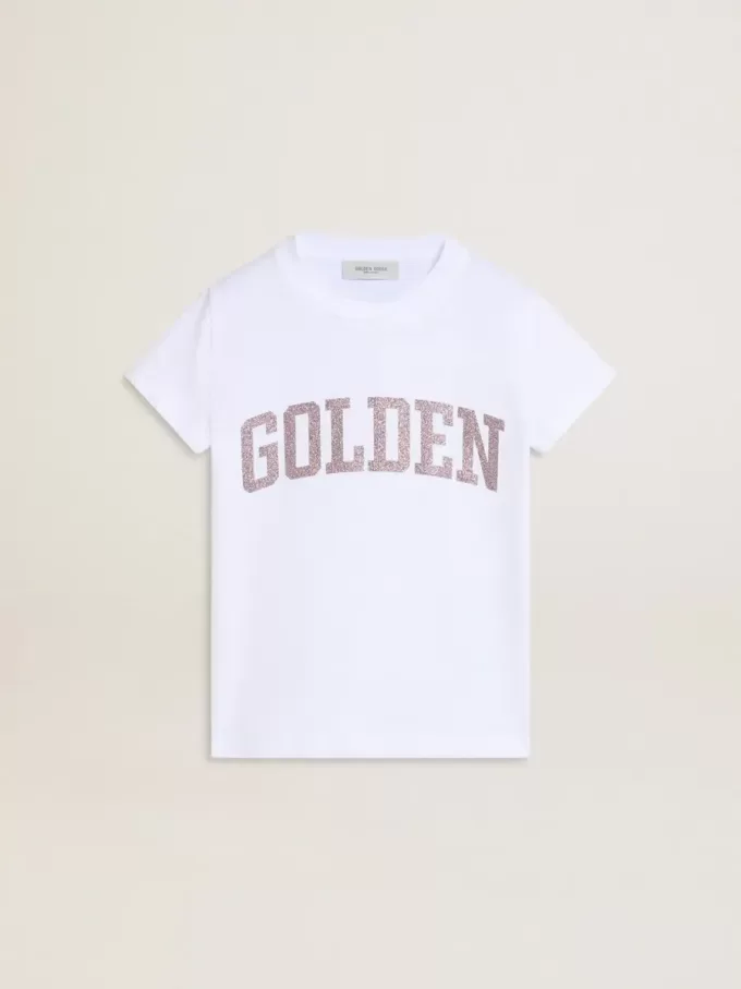 Camiseta blanca para niña con letras doradas y purpurina rosa. Camiseta blanca para niña con letras doradas y purpurina rosa.