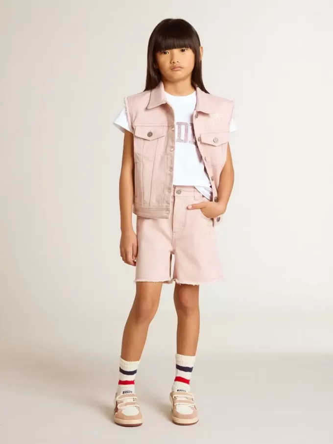 Camiseta blanca para niña con letras doradas y purpurina rosa. Camiseta blanca para niña con letras doradas y purpurina rosa.