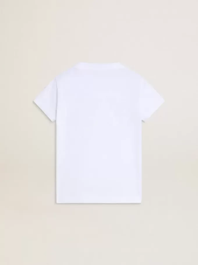 Camiseta blanca para niña con letras doradas y purpurina rosa. Camiseta blanca para niña con letras doradas y purpurina rosa.
