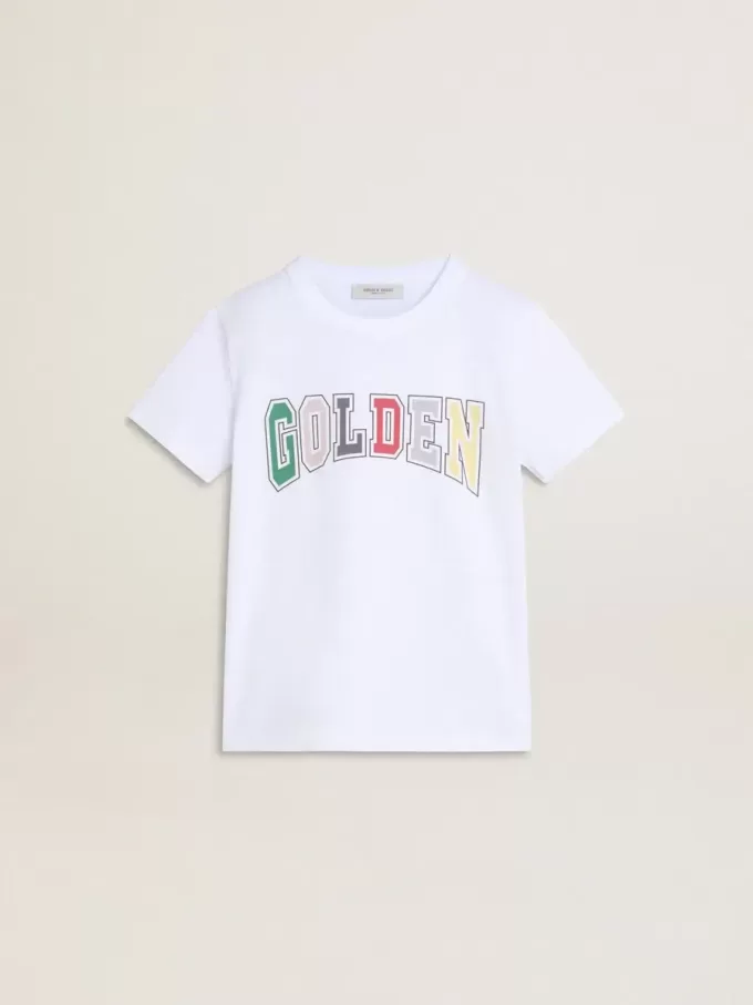 Camiseta blanca para niño con estampado multicolor dorado Camiseta blanca para niño con estampado multicolor dorado