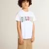 Camiseta blanca para niño con estampado multicolor dorado Camiseta blanca para niño con estampado multicolor dorado