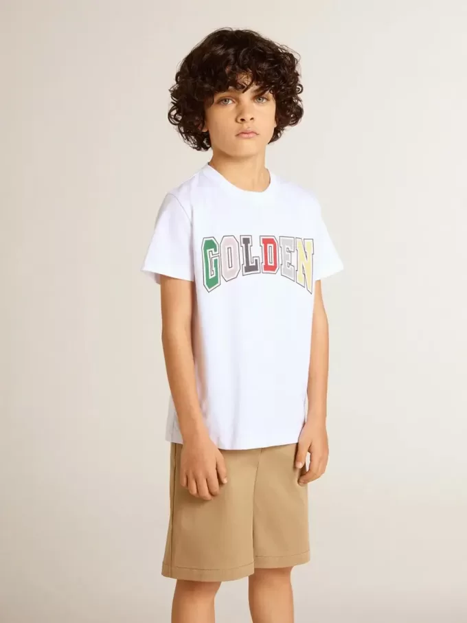 Camiseta blanca para niño con estampado multicolor dorado Camiseta blanca para niño con estampado multicolor dorado