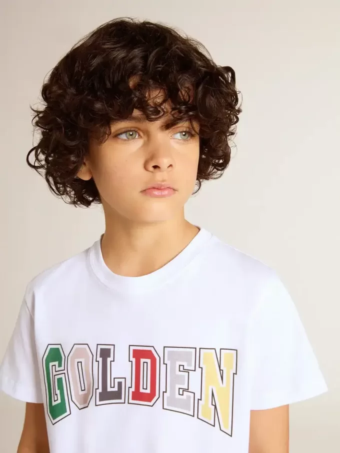 Camiseta blanca para niño con estampado multicolor dorado Camiseta blanca para niño con estampado multicolor dorado