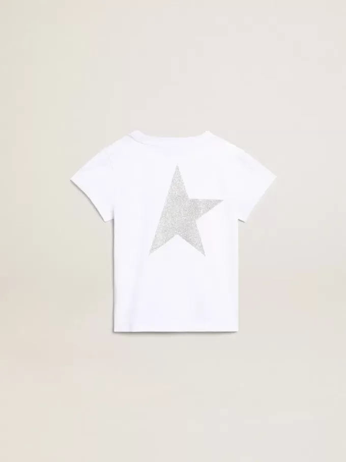 Camiseta blanca y plateada con logotipo y estrella maxi en purpurina plateada Camiseta blanca y plateada con logotipo y estrella maxi en purpurina plateada
