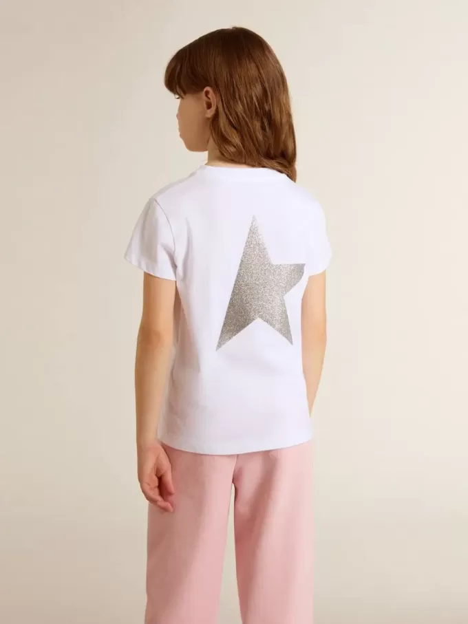 Camiseta blanca y plateada con logotipo y estrella maxi en purpurina plateada Camiseta blanca y plateada con logotipo y estrella maxi en purpurina plateada