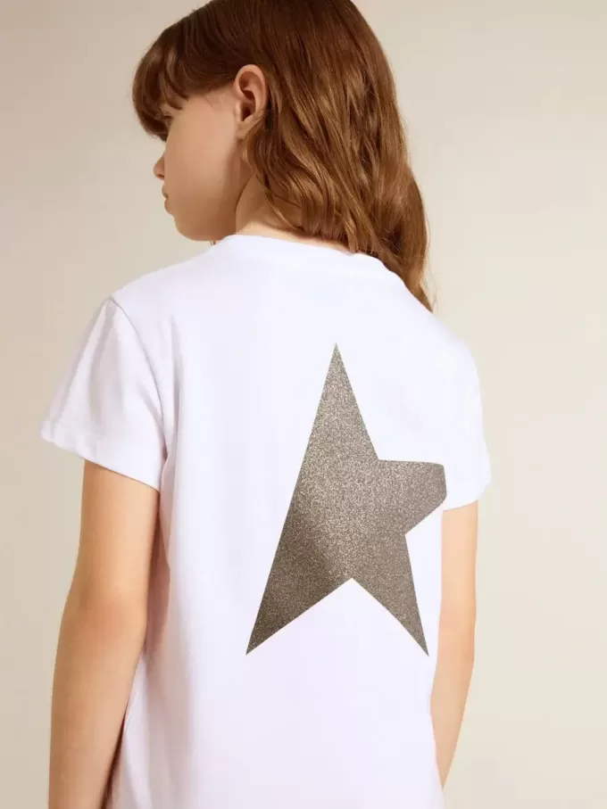 Camiseta blanca y plateada con logotipo y estrella maxi en purpurina plateada Camiseta blanca y plateada con logotipo y estrella maxi en purpurina plateada