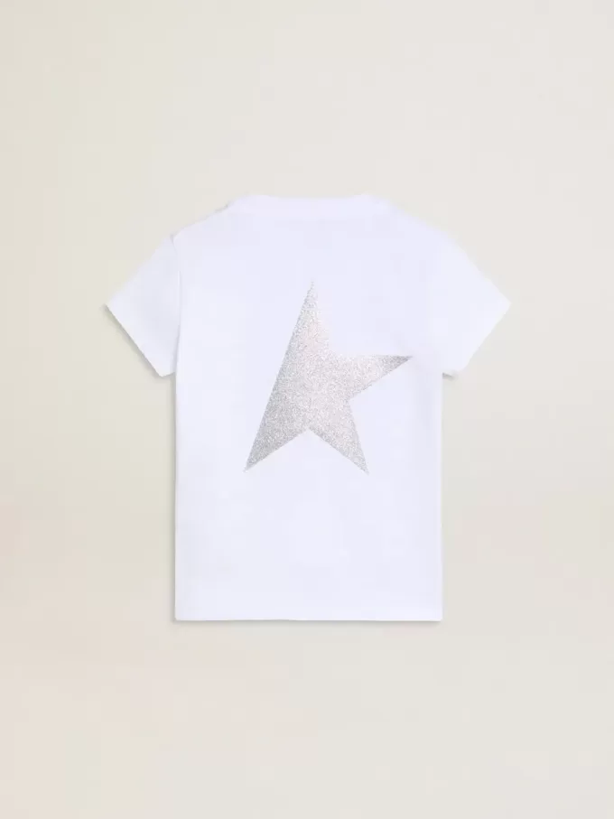 Camiseta blanca y plateada con logotipo y estrella maxi en purpurina plateada Camiseta blanca y plateada con logotipo y estrella maxi en purpurina plateada