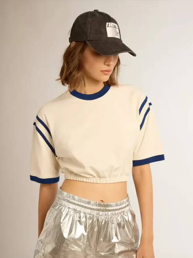 Camiseta corta de algodón blanco envejecido con letras en la espalda Camiseta corta de algodón blanco envejecido con letras en la espalda