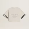 Camiseta corta oversize para mujer en jersey blanco con bordados y estampado «Venezia Mediterraneo». Camiseta corta oversize para mujer en jersey blanco con bordados y estampado «Venezia Mediterraneo».