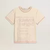 Camiseta crema para mujer con detalles en rojo descolorido