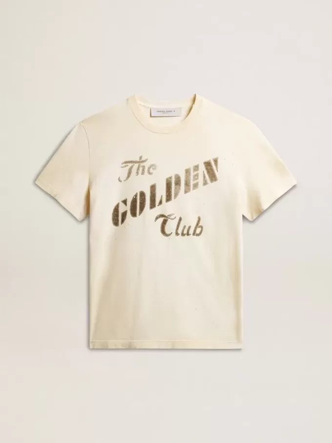 Camiseta de algodón blanco envejecido para hombre con estampado dorado Camiseta de algodón blanco envejecido para hombre con estampado dorado