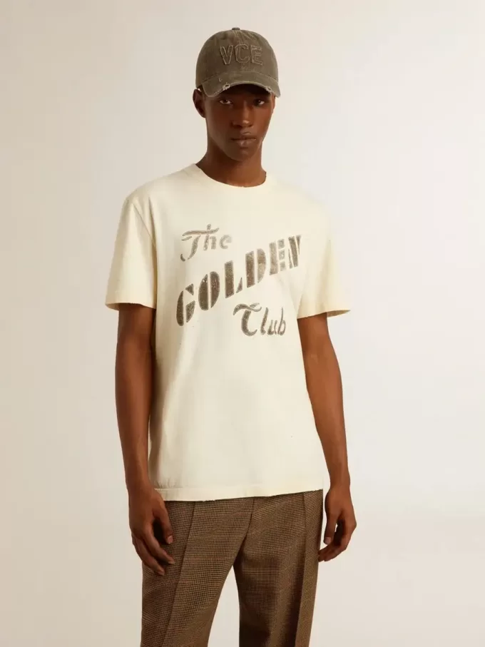 Camiseta de algodón blanco envejecido para hombre con estampado dorado Camiseta de algodón blanco envejecido para hombre con estampado dorado