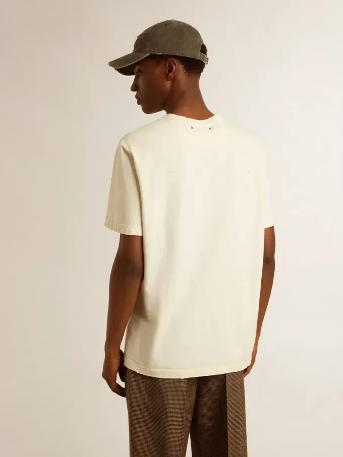 Camiseta de algodón blanco envejecido para hombre con estampado dorado Camiseta de algodón blanco envejecido para hombre con estampado dorado