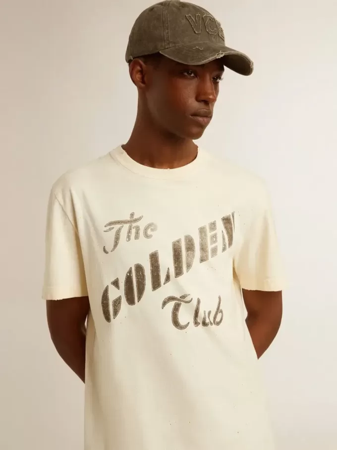 Camiseta de algodón blanco envejecido para hombre con estampado dorado Camiseta de algodón blanco envejecido para hombre con estampado dorado