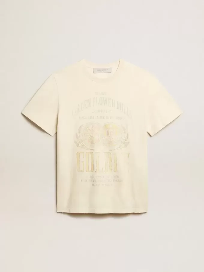 Camiseta de algodón blanco envejecido para hombre con estampado en la parte delantera Camiseta de algodón blanco envejecido para hombre con estampado en la parte delantera