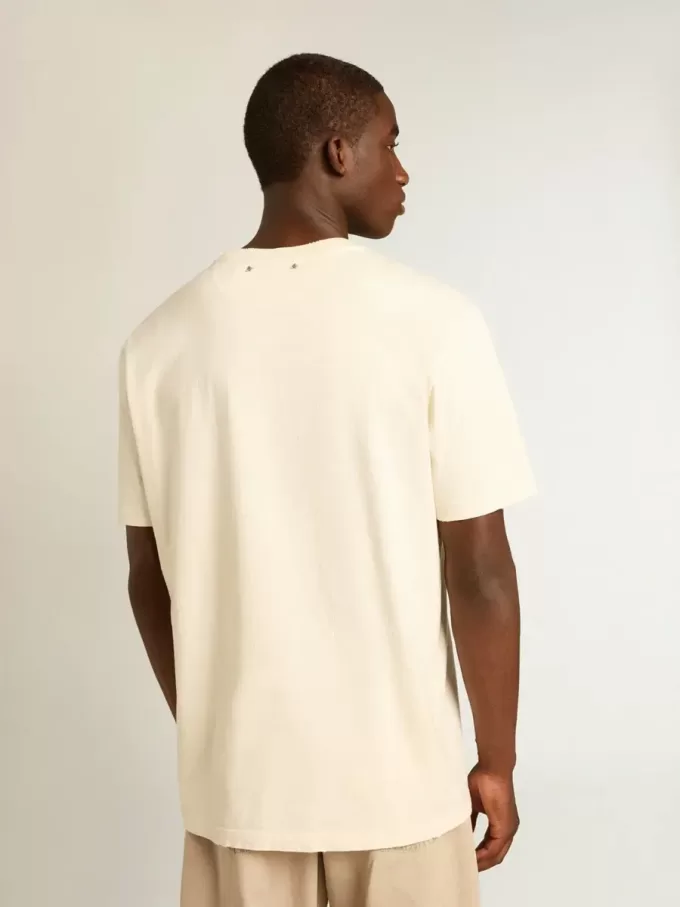 Camiseta de algodón blanco envejecido para hombre con estampado en la parte delantera Camiseta de algodón blanco envejecido para hombre con estampado en la parte delantera
