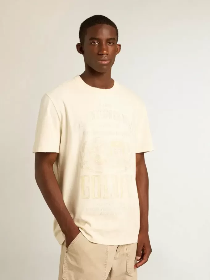 Camiseta de algodón blanco envejecido para hombre con estampado en la parte delantera Camiseta de algodón blanco envejecido para hombre con estampado en la parte delantera