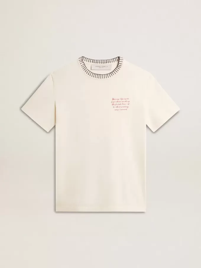 Camiseta de algodón blanco envejecido para mujer con bordado a mano Camiseta de algodón blanco envejecido para mujer con bordado a mano