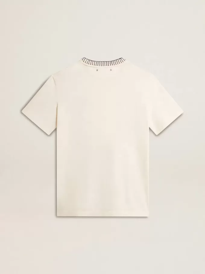 Camiseta de algodón blanco envejecido para mujer con bordado a mano Camiseta de algodón blanco envejecido para mujer con bordado a mano