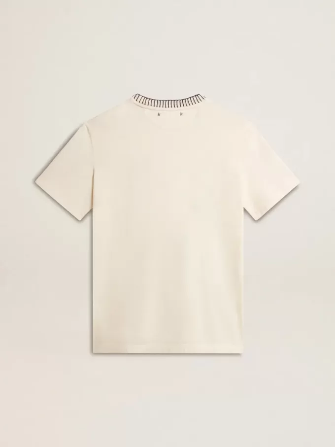 Camiseta de algodón blanco envejecido para mujer con bordado a mano Camiseta de algodón blanco envejecido para mujer con bordado a mano
