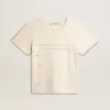 Camiseta de algodón blanco envejecido para mujer con estampado y bordado Camiseta de algodón blanco envejecido para mujer con estampado y bordado