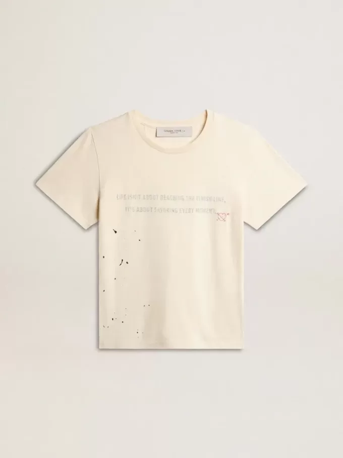 Camiseta de algodón blanco envejecido para mujer con estampado y bordado Camiseta de algodón blanco envejecido para mujer con estampado y bordado