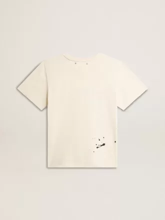 Camiseta de algodón blanco envejecido para mujer con estampado y bordado