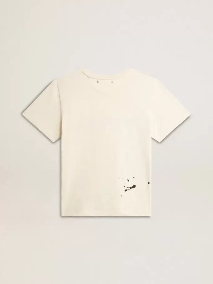 Camiseta de algodón blanco envejecido para mujer con estampado y bordado Camiseta de algodón blanco envejecido para mujer con estampado y bordado