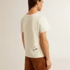 Camiseta de algodón blanco envejecido para mujer con estampado y bordado Camiseta de algodón blanco envejecido para mujer con estampado y bordado