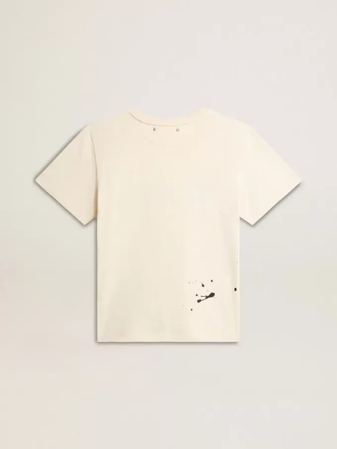 Camiseta de algodón blanco envejecido para mujer con estampado y bordado Camiseta de algodón blanco envejecido para mujer con estampado y bordado