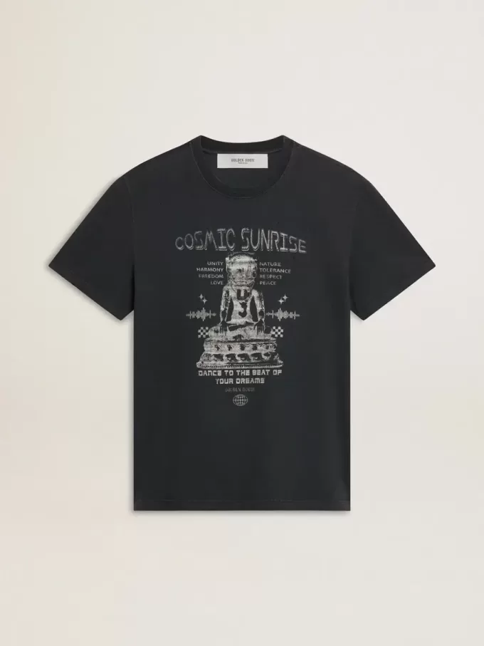 Camiseta de algodón negro desgastado para hombre con estampado en la parte delantera Camiseta de algodón negro desgastado para hombre con estampado en la parte delantera