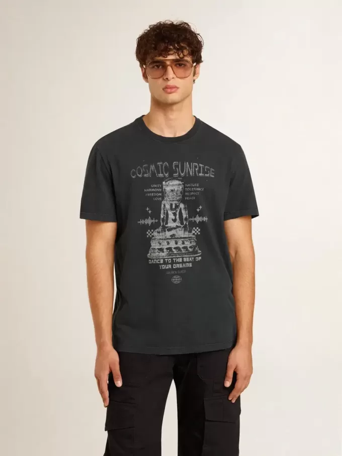 Camiseta de algodón negro desgastado para hombre con estampado en la parte delantera Camiseta de algodón negro desgastado para hombre con estampado en la parte delantera