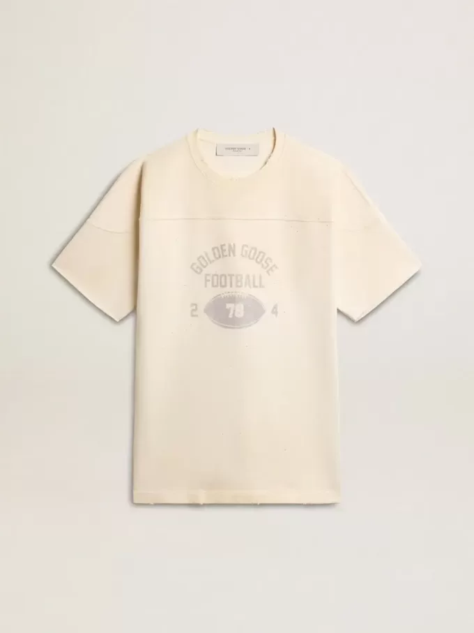 Camiseta de algodón para hombre en blanco vintage con borde sin rematar en la parte delantera. Camiseta de algodón para hombre en blanco vintage con borde sin rematar en la parte delantera.