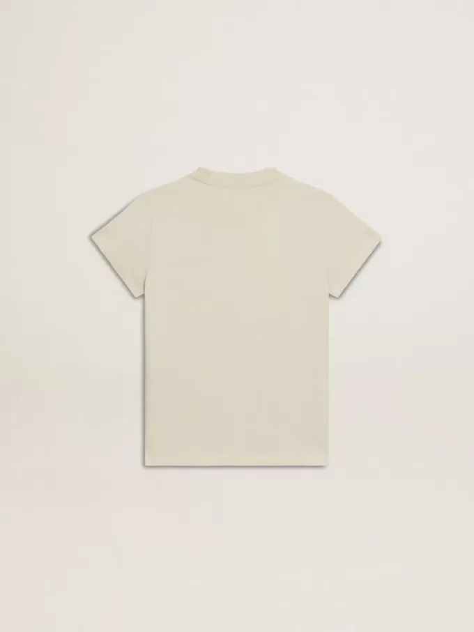 Camiseta de algodón para niña en blanco desgastado con bordado rojo en el pecho Camiseta de algodón para niña en blanco desgastado con bordado rojo en el pecho